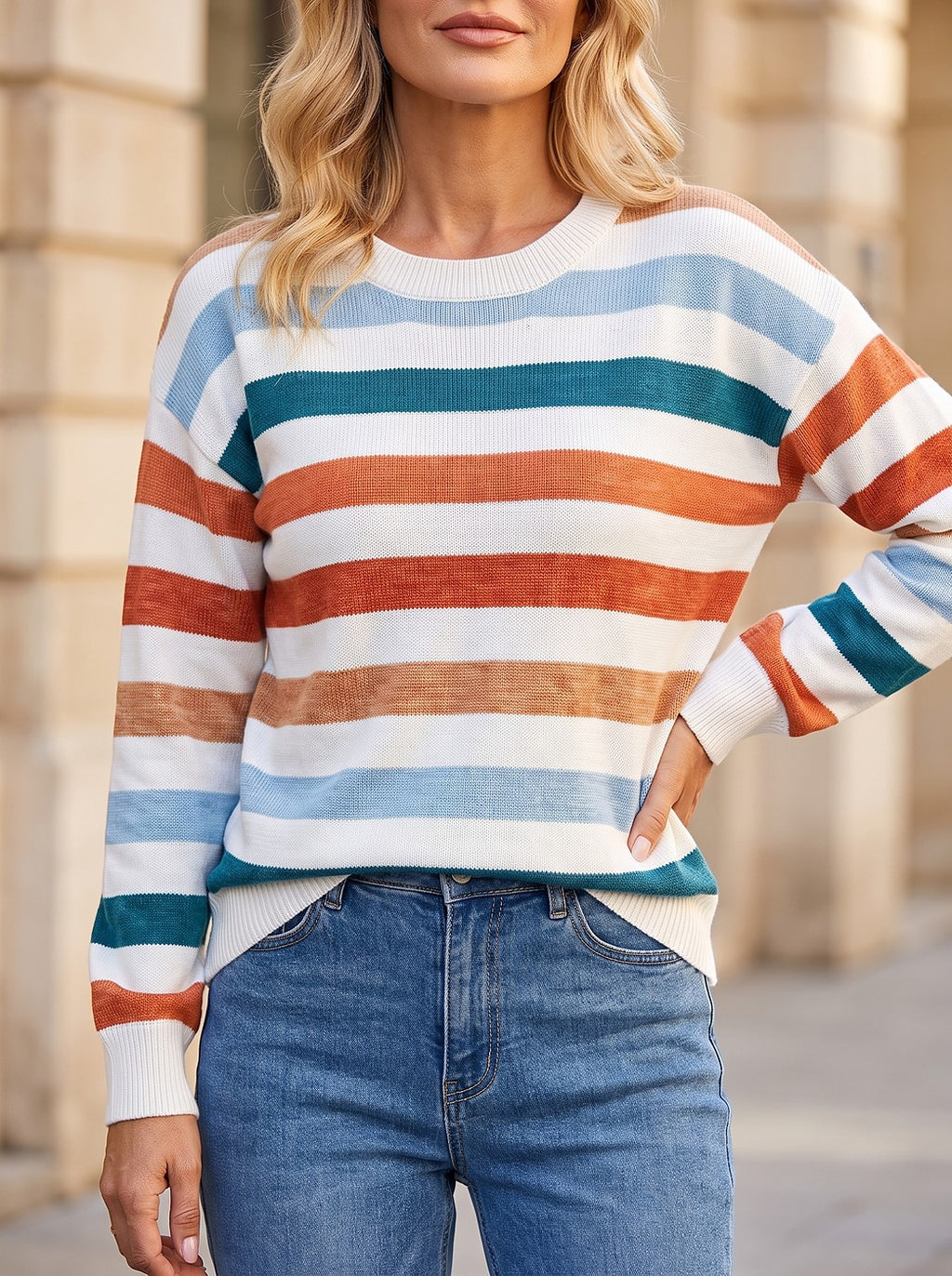 Women's Fine Knit Stripe Crew Neck Top