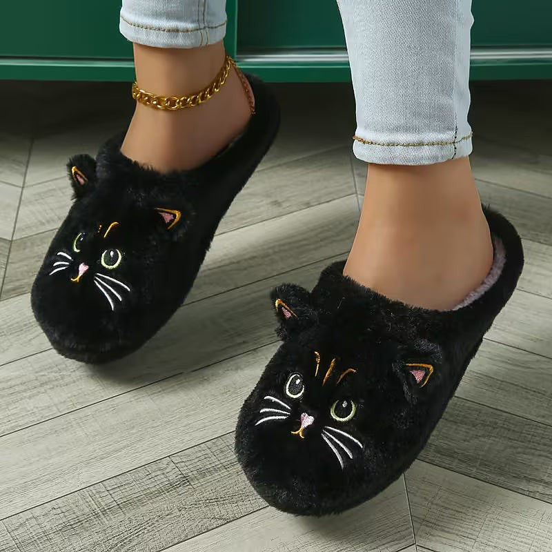 Women's Cat Embroidered Fluffy House Slippers