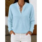 Women's Lace Trim Ribbed V Neck Jumper