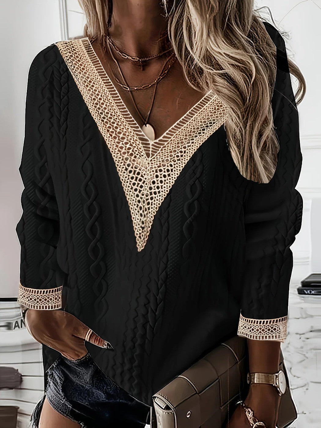 Women's Crochet Trim Cable Knit Winter Jumper