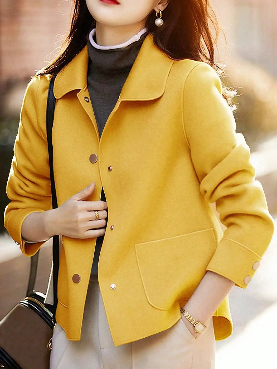 Women's Button Front Short Coat with Pockets