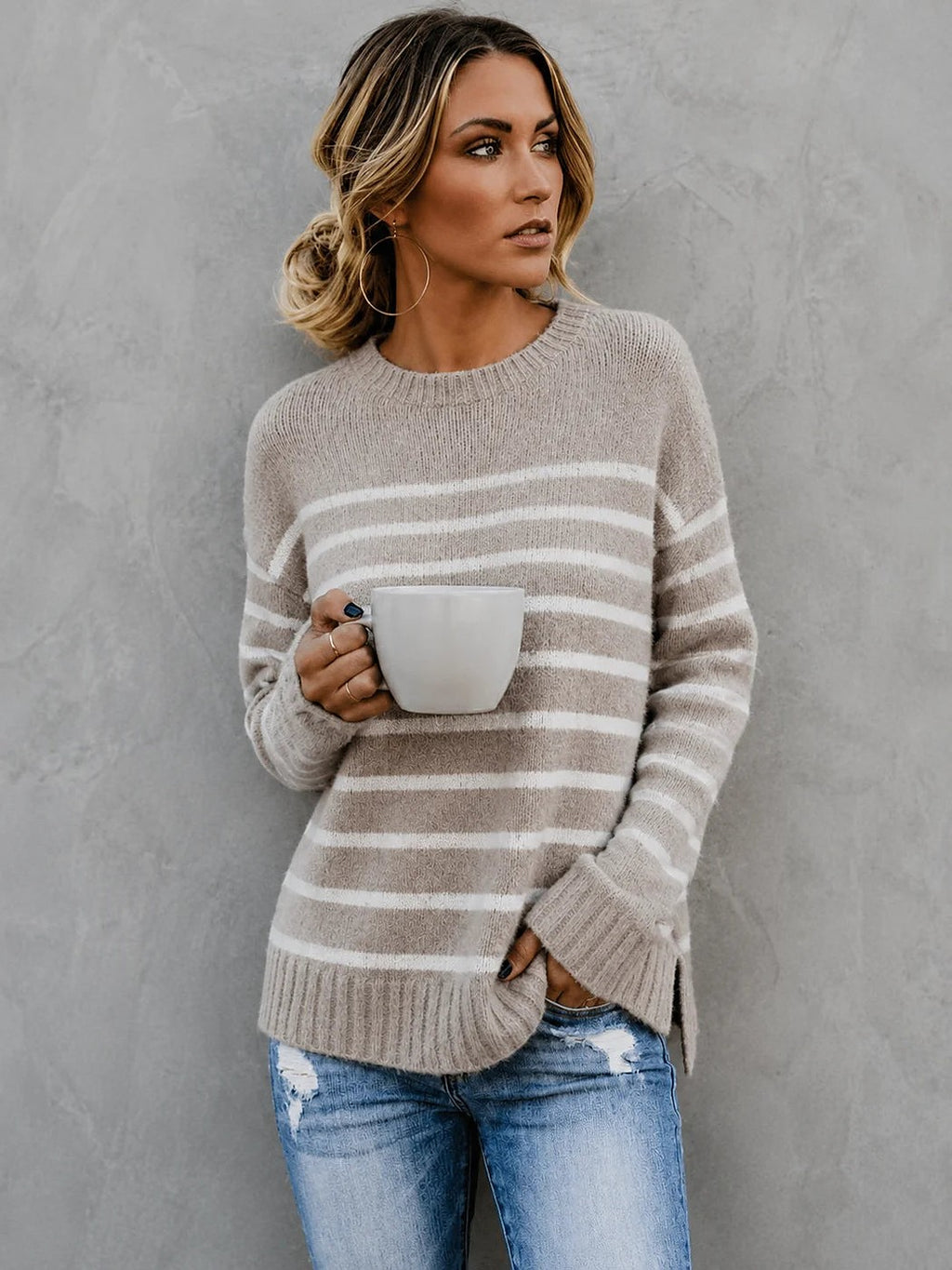 Women's Wide Stripe Side Split Knit Jumper