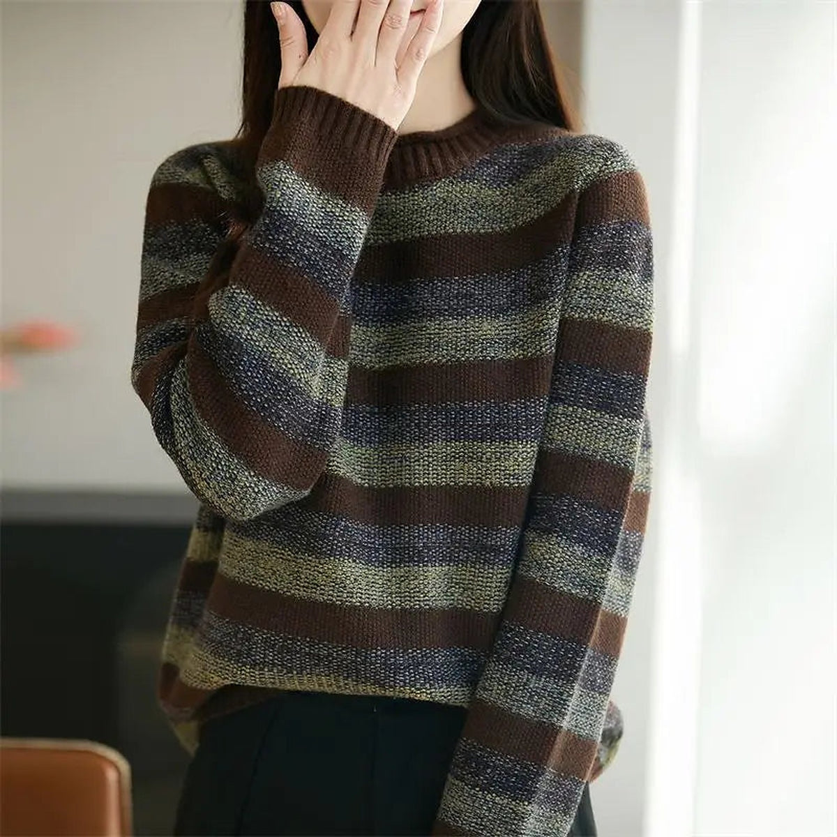 Women's Slouchy Textured Stripe Knitted Autumn Jumper