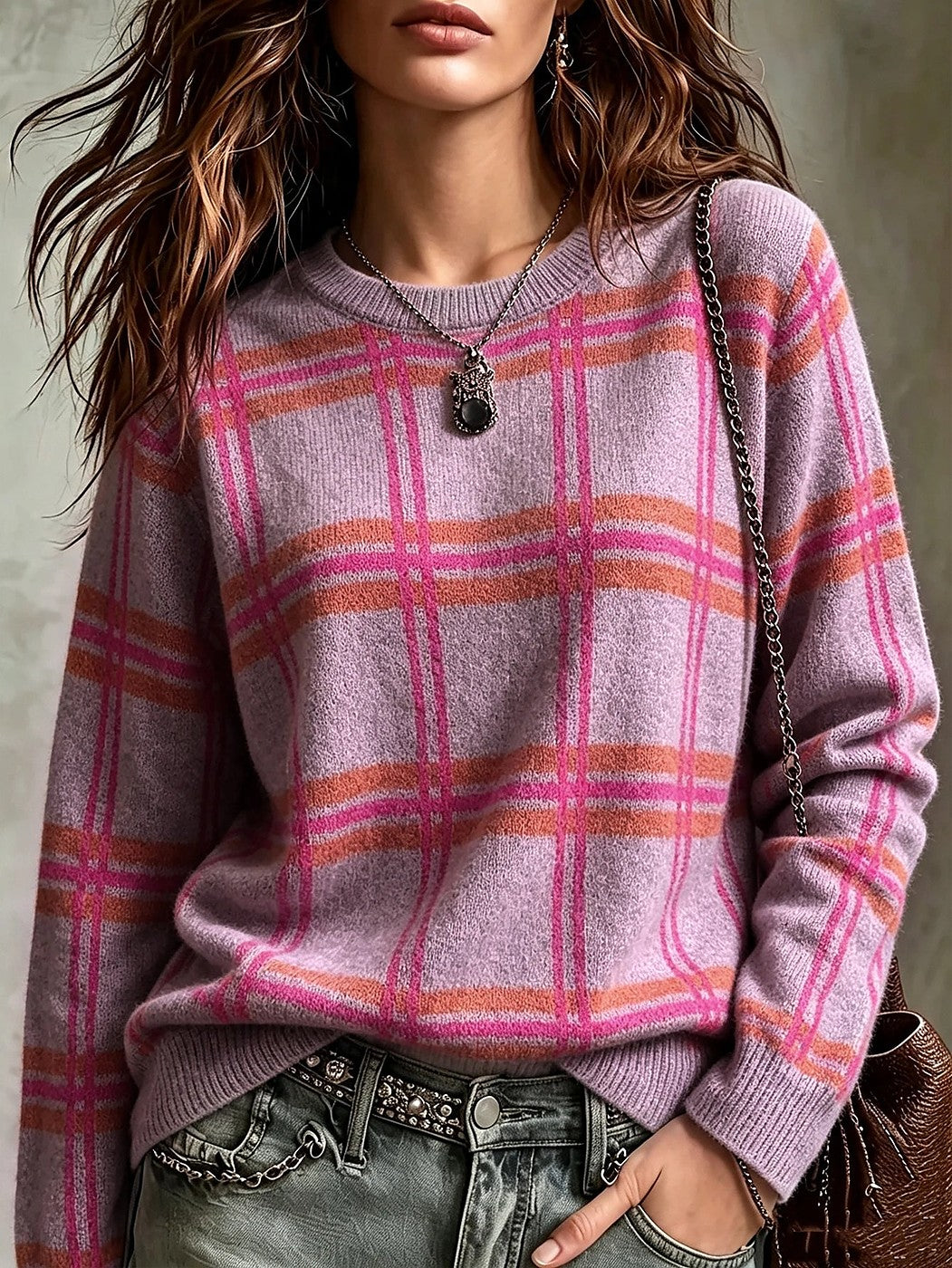 Women's Loose Fit Brushed Check Knit Jumper
