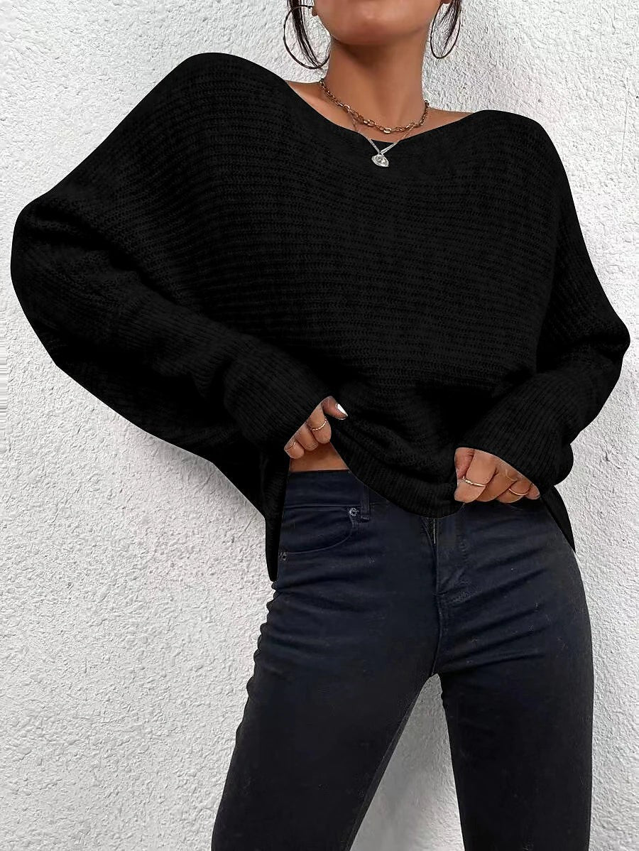 Women's Ribbed Batwing Sleeve Asymmetric Hem Jumper