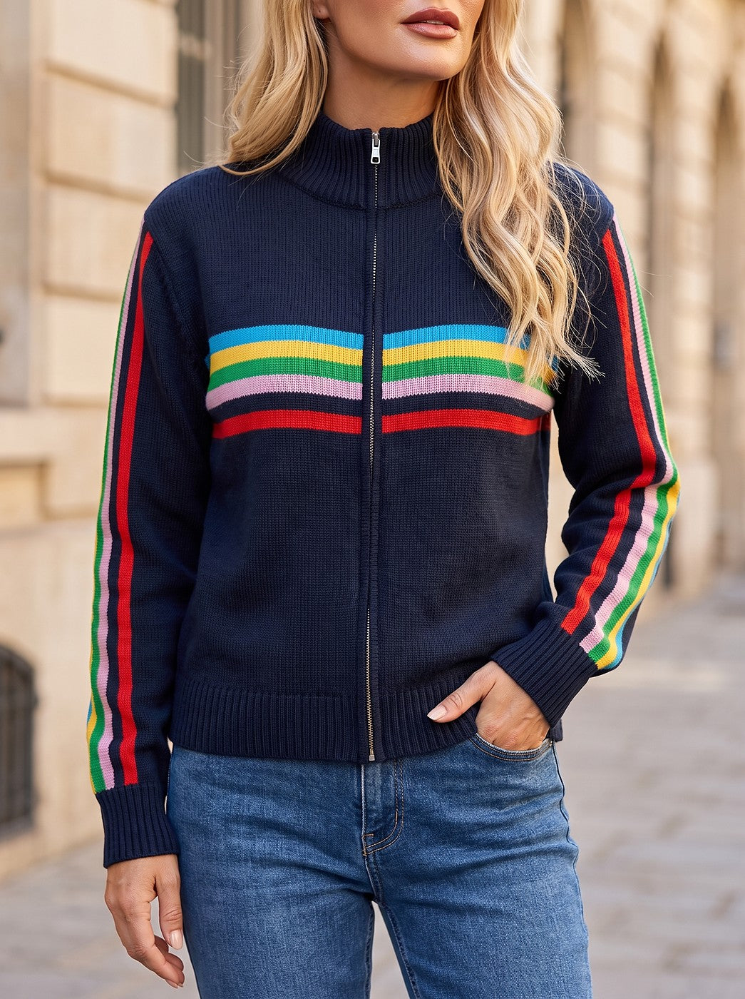 Women's Stripe Zip Through Knitted Jacket