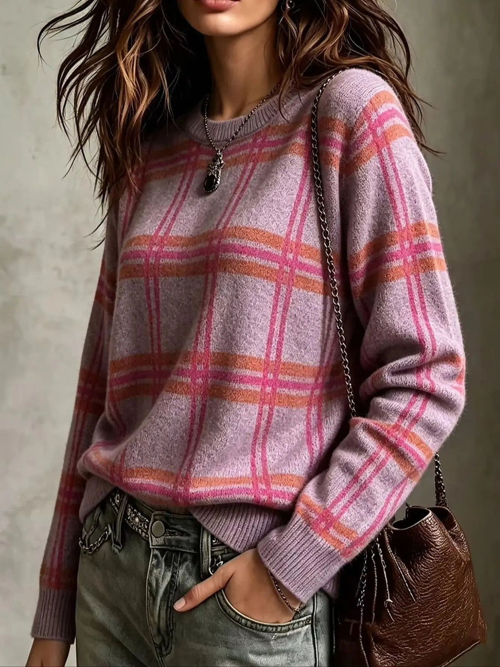 Women's Loose Fit Brushed Check Knit Jumper