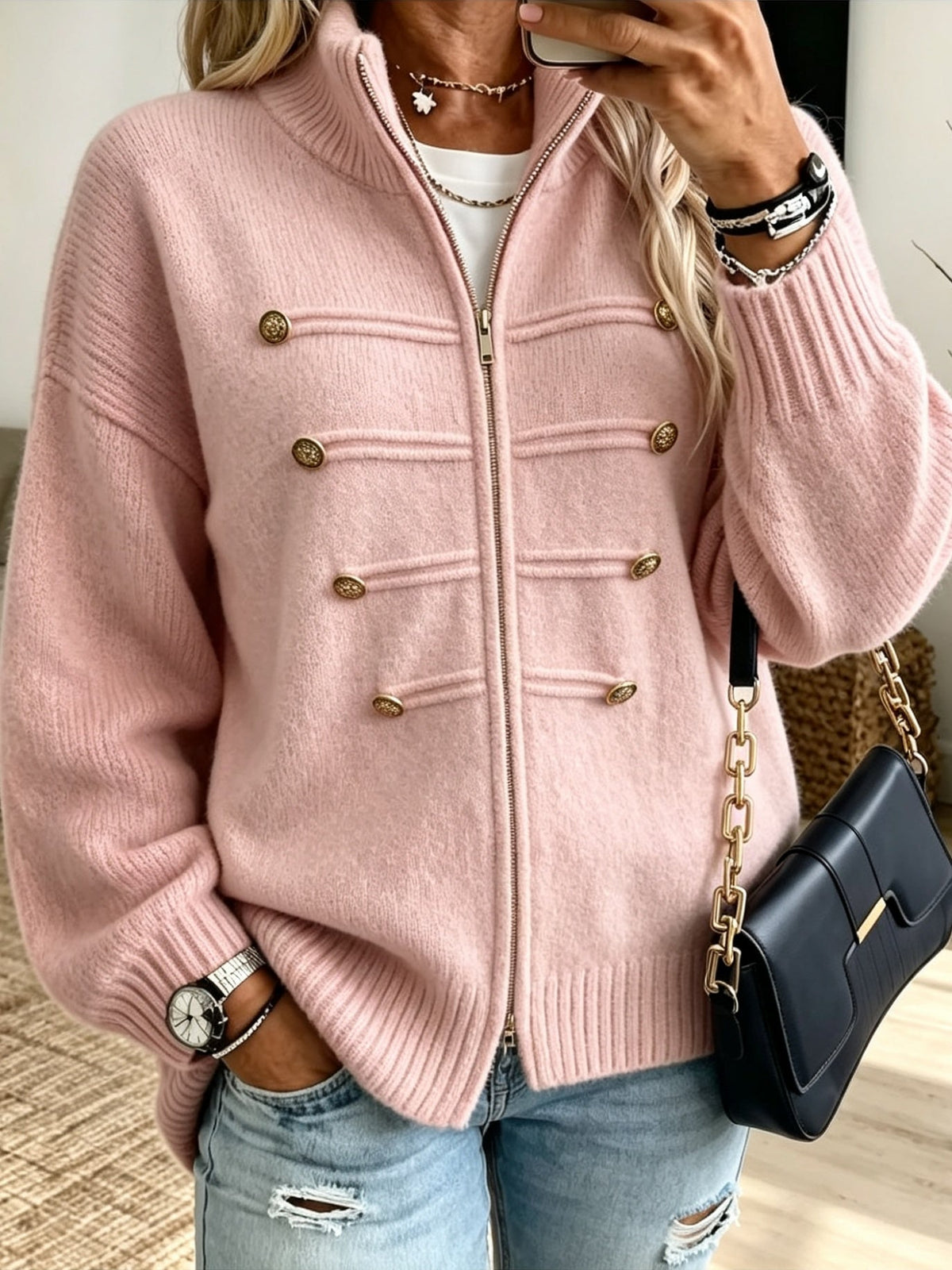 Women's Zip Front Button Detail Cardigan