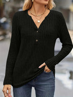 Women's Ribbed Button Front V Neck Top