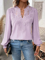Women's Lace Insert Puff Sleeve Dobby Blouse
