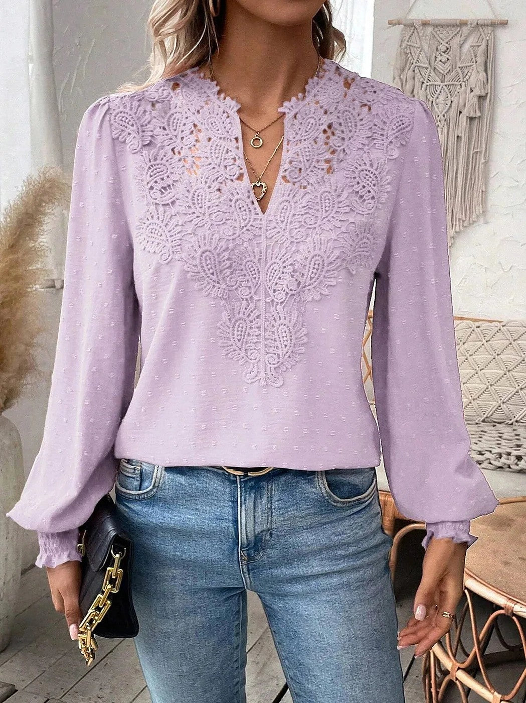 Women's Lace Insert Puff Sleeve Dobby Blouse