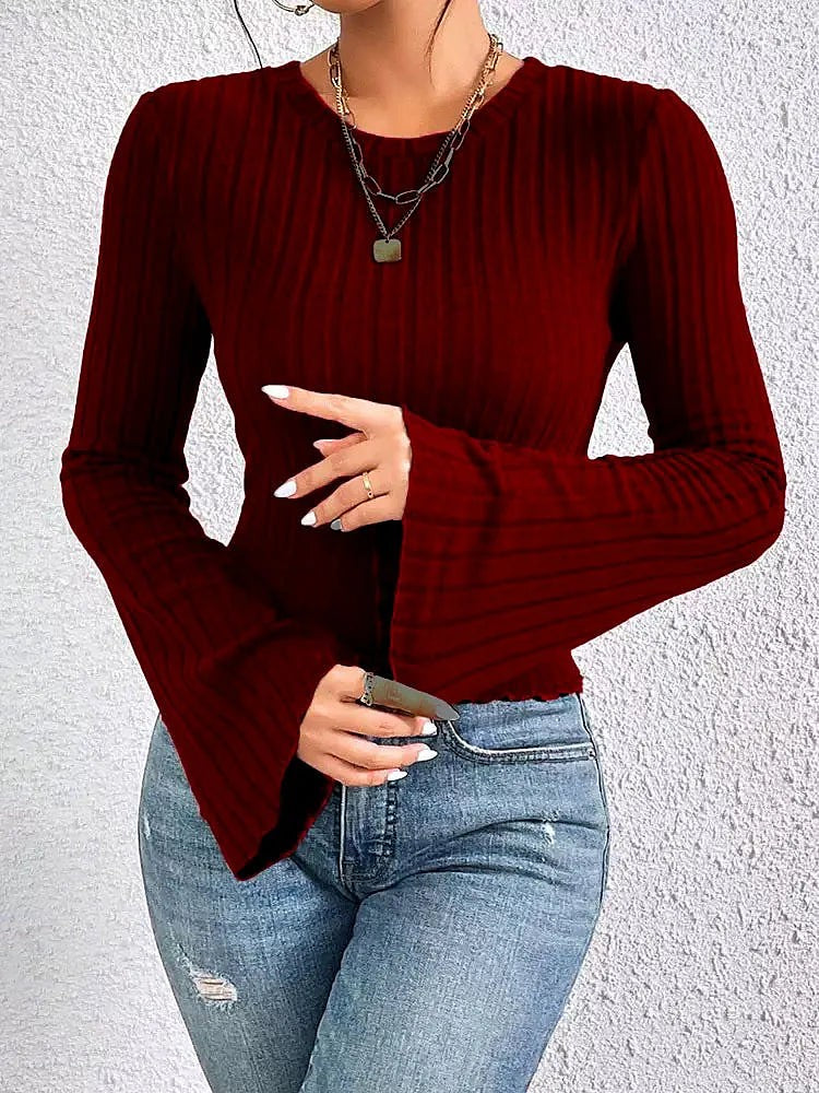 Women's Cropped Flare Sleeve Ribbed Top