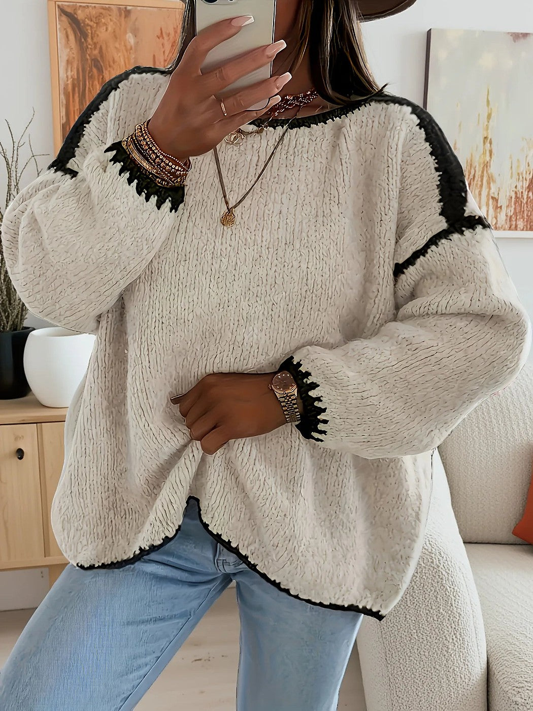 Women's Contrast Trim Oversized Brushed Knit Jumper