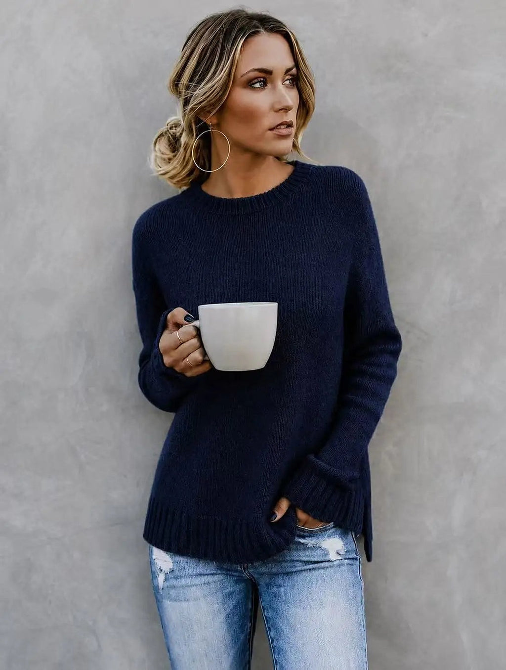 Women's Ribbed Trim Side Split Knitted Jumper