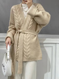 Women's Belted Wrap Front Cable Knit Cardigan