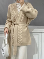 Women's Belted Wrap Front Cable Knit Cardigan