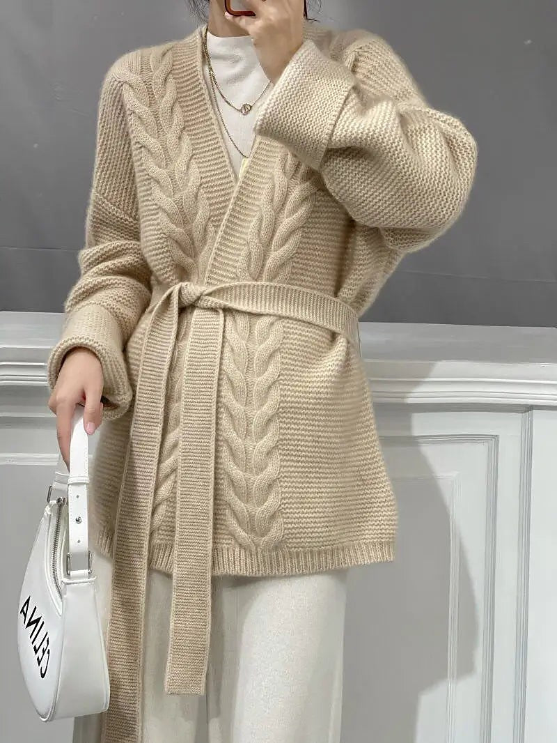 Women's Belted Wrap Front Cable Knit Cardigan