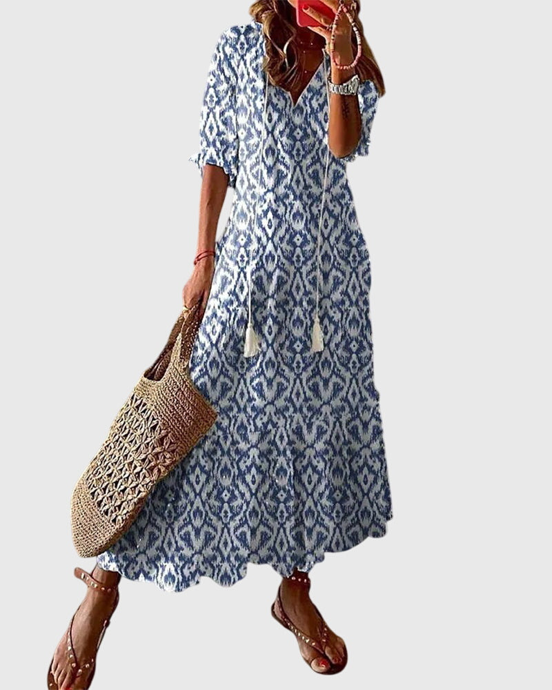Amalia Collection | Women's Dress - Boho Vintage Summer Dress with Flattering V-Neckline | Lightweight & Versatile for Effortless Style 0