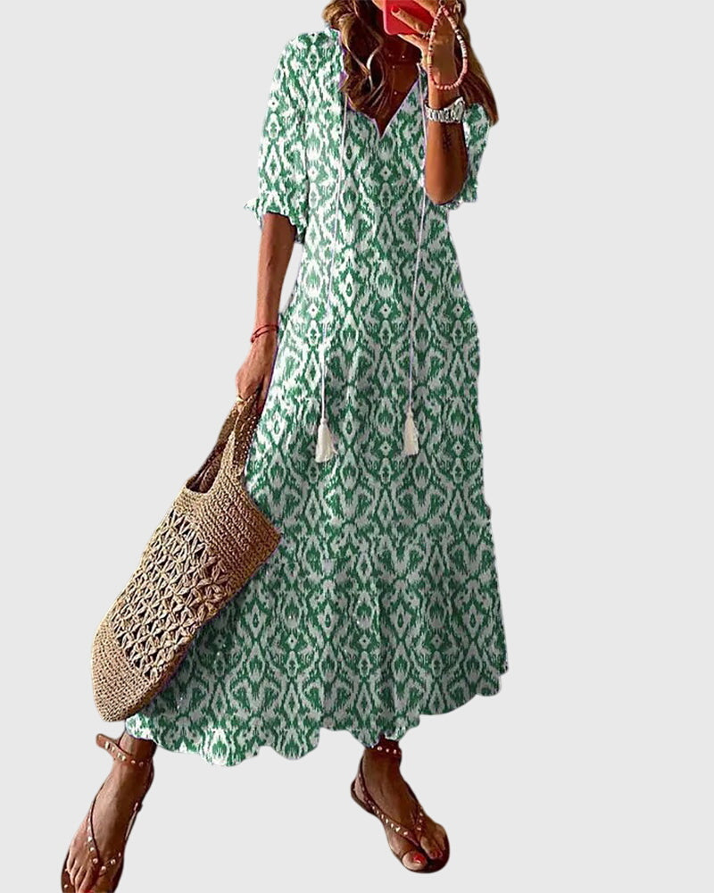 Amalia Collection | Women's Dress - Boho Vintage Summer Dress with Flattering V-Neckline | Lightweight & Versatile for Effortless Style 1