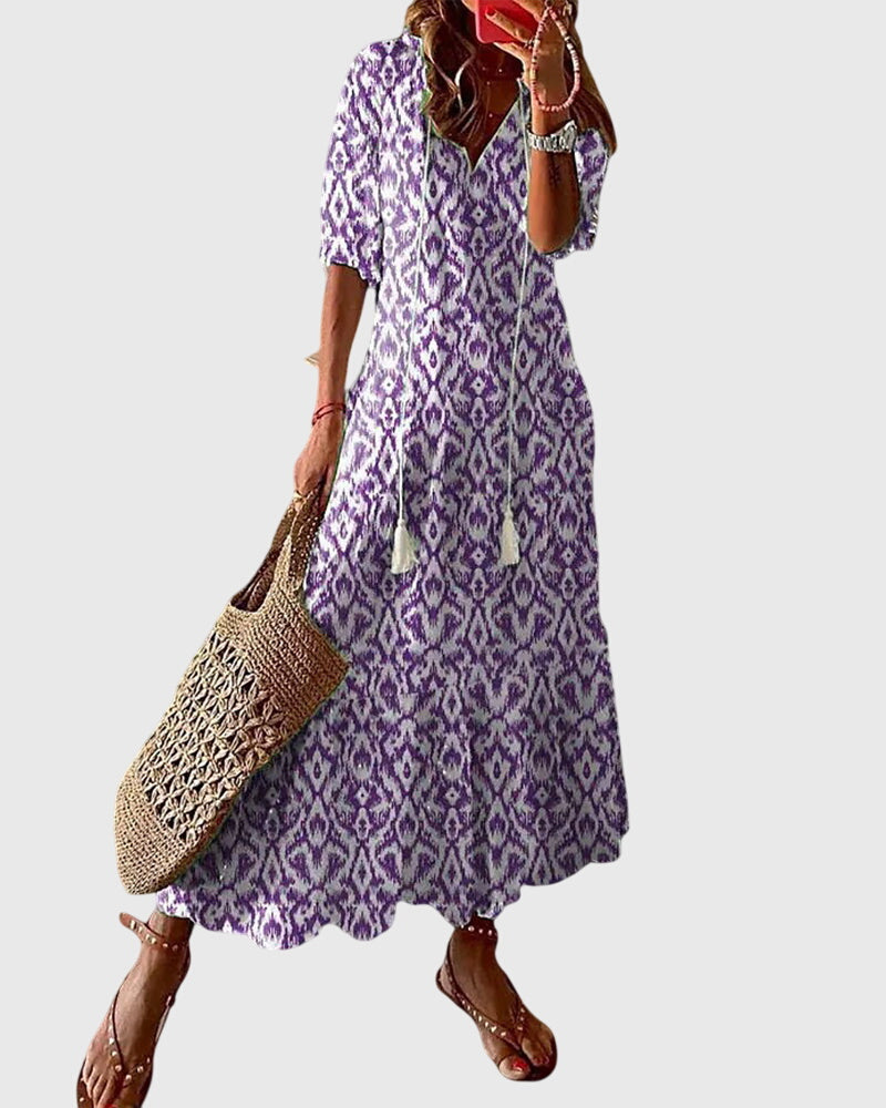 Amalia Collection | Women's Dress - Boho Vintage Summer Dress with Flattering V-Neckline | Lightweight & Versatile for Effortless Style 2