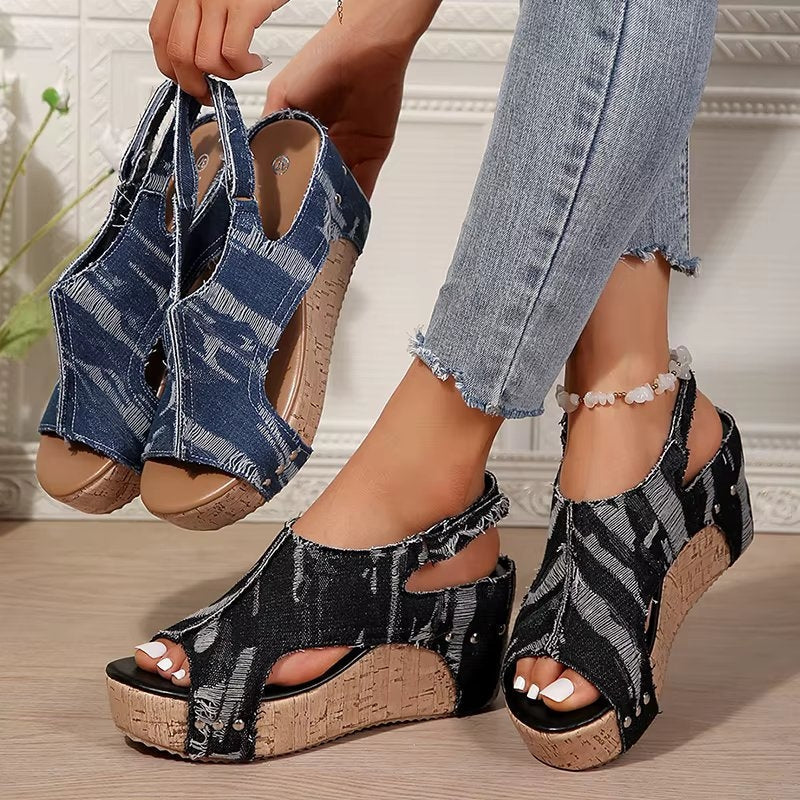 Cork Wedge Sandals | Women's Sandals with Soft Cushioning | Chic Denim Style for All-Day Comfort 2
