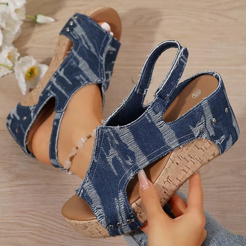 Cork Wedge Sandals | Women's Sandals with Soft Cushioning | Chic Denim Style for All-Day Comfort 3