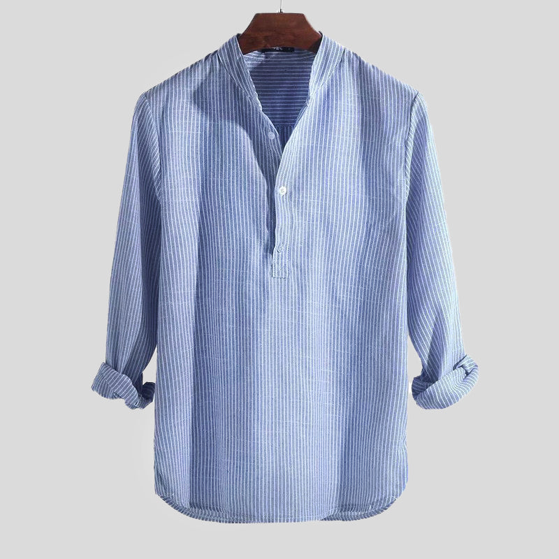 Cotton-Linen Blend | Men's Shirt with Band Collar & Striped Design | Casual Comfort for Spring/Summer 0