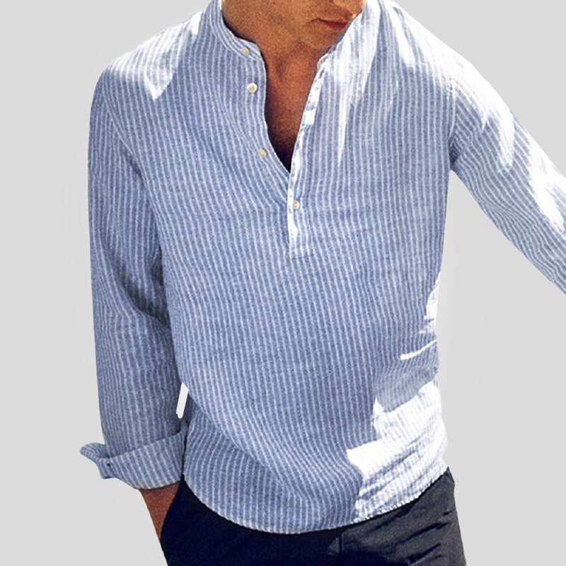 Cotton-Linen Blend | Men's Shirt with Band Collar & Striped Design | Casual Comfort for Spring/Summer 1