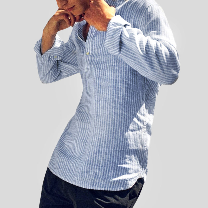 Cotton-Linen Blend | Men's Shirt with Band Collar & Striped Design | Casual Comfort for Spring/Summer 2