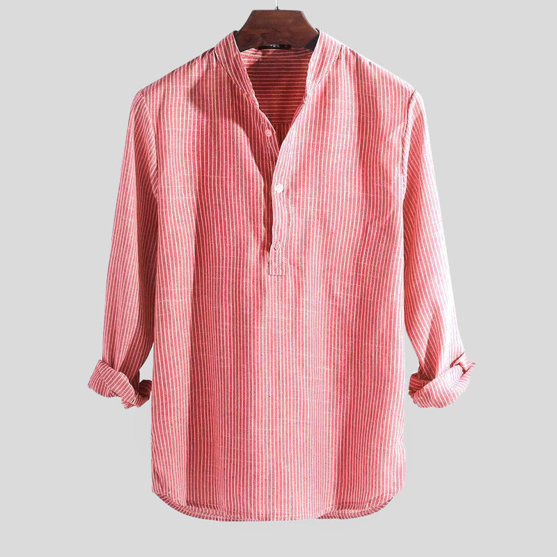 Cotton-Linen Blend | Men's Shirt with Band Collar & Striped Design | Casual Comfort for Spring/Summer 3