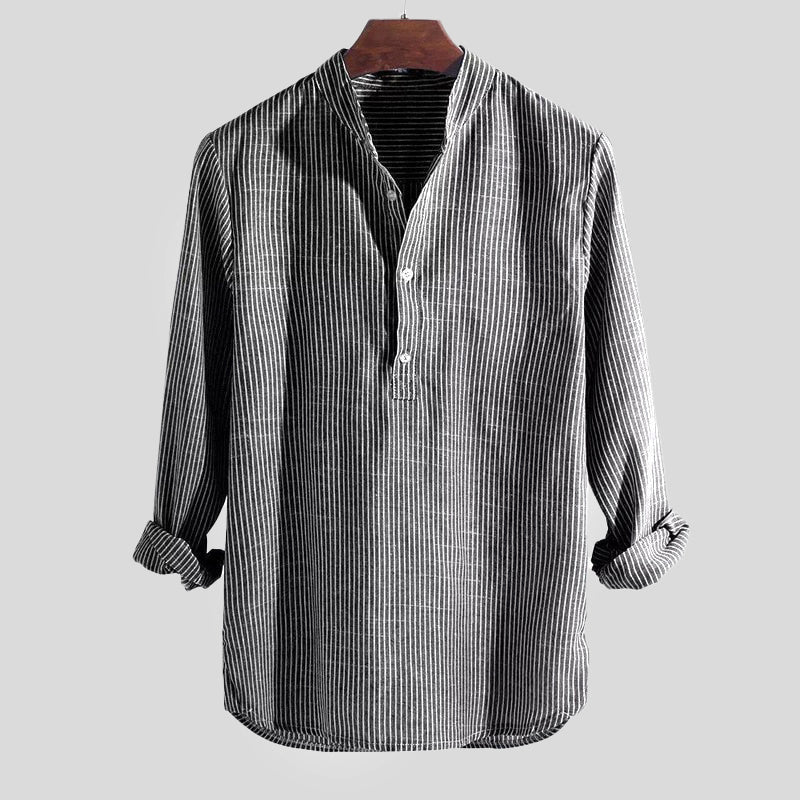 Cotton-Linen Blend | Men's Shirt with Band Collar & Striped Design | Casual Comfort for Spring/Summer 4