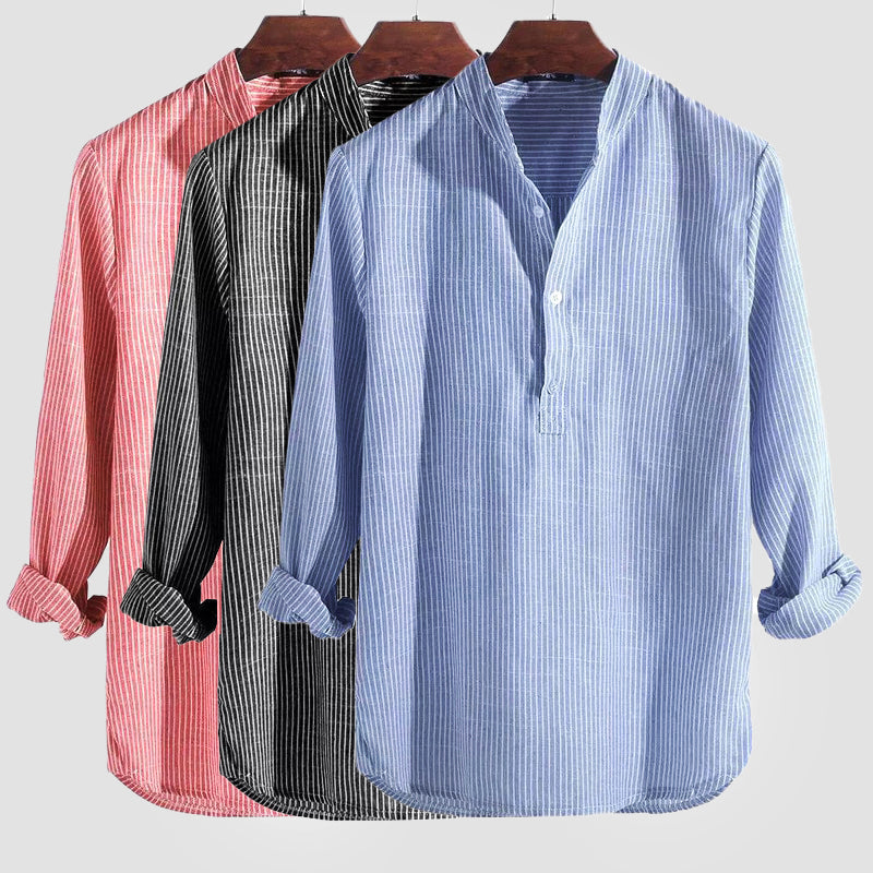 Cotton-Linen Blend | Men's Shirt with Band Collar & Striped Design | Casual Comfort for Spring/Summer 5
