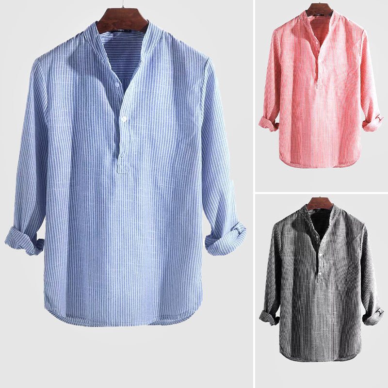 Cotton-Linen Blend | Men's Shirt with Band Collar & Striped Design | Casual Comfort for Spring/Summer 6