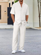 Cotton Blend Loungewear Set with Long Sleeve Shirt and Elastic Waist Pants 1