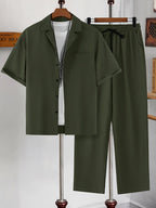 Cotton Blend Loungewear Set with Long Sleeve Shirt and Elastic Waist Pants 2