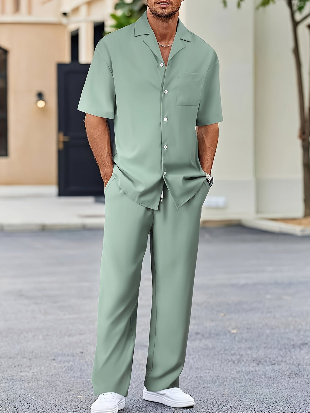 Cotton Blend Loungewear Set with Long Sleeve Shirt and Elastic Waist Pants 6