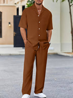 Cotton Blend Loungewear Set with Long Sleeve Shirt and Elastic Waist Pants 8