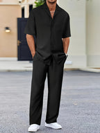 Cotton Blend Loungewear Set with Long Sleeve Shirt and Elastic Waist Pants 9