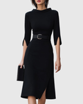 Elegant Black Midi Dress with Tailored Waist Belt | Flattering Silhouette for Effortless Style 0