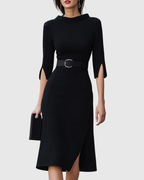 Elegant Black Midi Dress with Tailored Waist Belt | Flattering Silhouette for Effortless Style 0