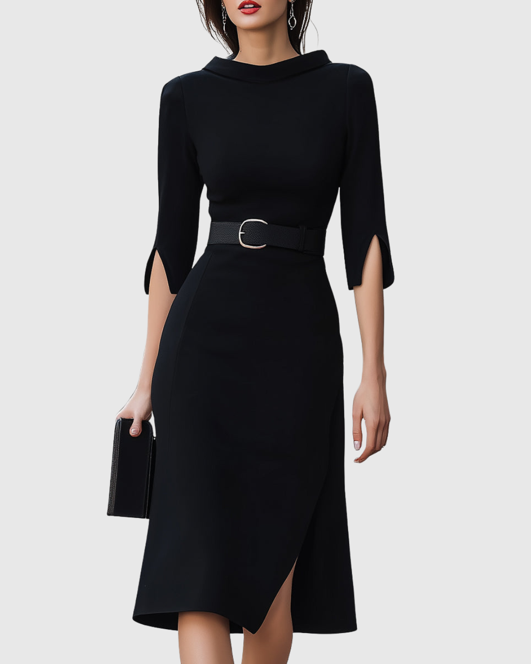 Elegant Black Midi Dress with Tailored Waist Belt | Flattering Silhouette for Effortless Style 0