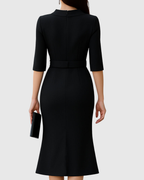 Elegant Black Midi Dress with Tailored Waist Belt | Flattering Silhouette for Effortless Style 1