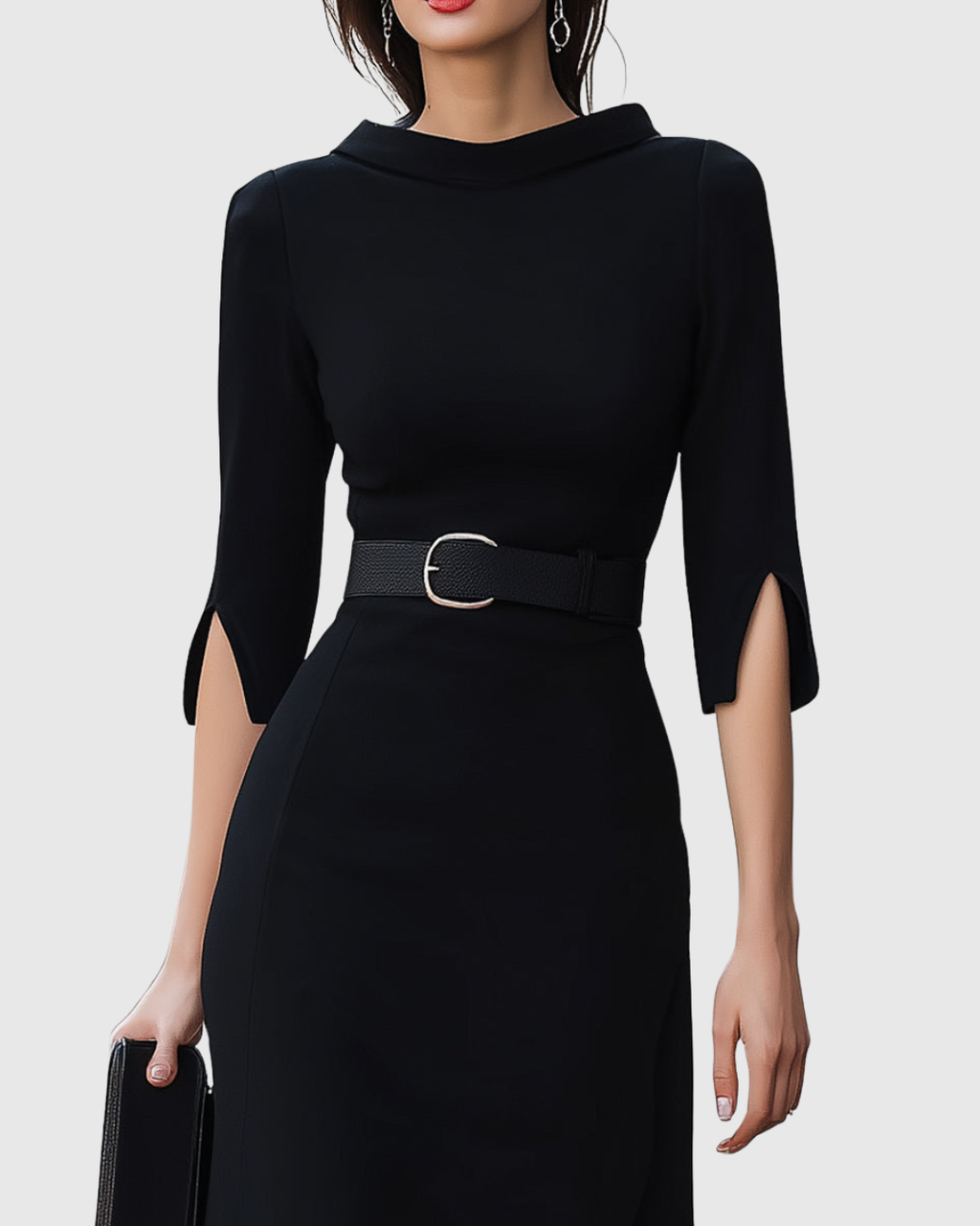 Elegant Black Midi Dress with Tailored Waist Belt | Flattering Silhouette for Effortless Style 2