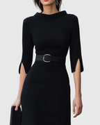 Elegant Black Midi Dress with Tailored Waist Belt | Flattering Silhouette for Effortless Style 2