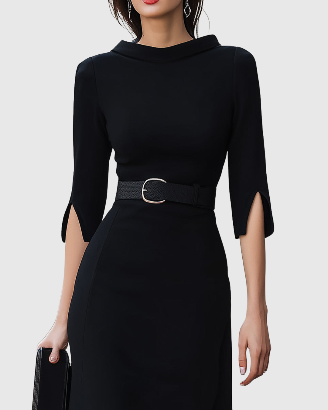 Elegant Black Midi Dress with Tailored Waist Belt | Flattering Silhouette for Effortless Style 2