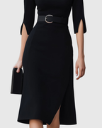 Elegant Black Midi Dress with Tailored Waist Belt | Flattering Silhouette for Effortless Style 3