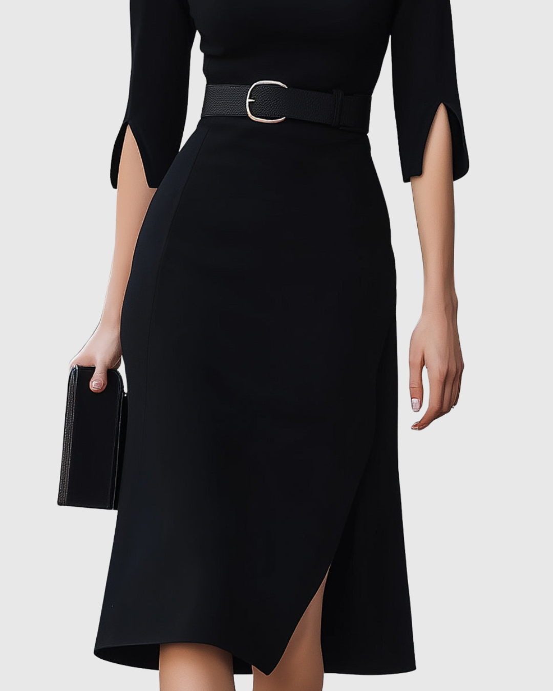 Elegant Black Midi Dress with Tailored Waist Belt | Flattering Silhouette for Effortless Style 3