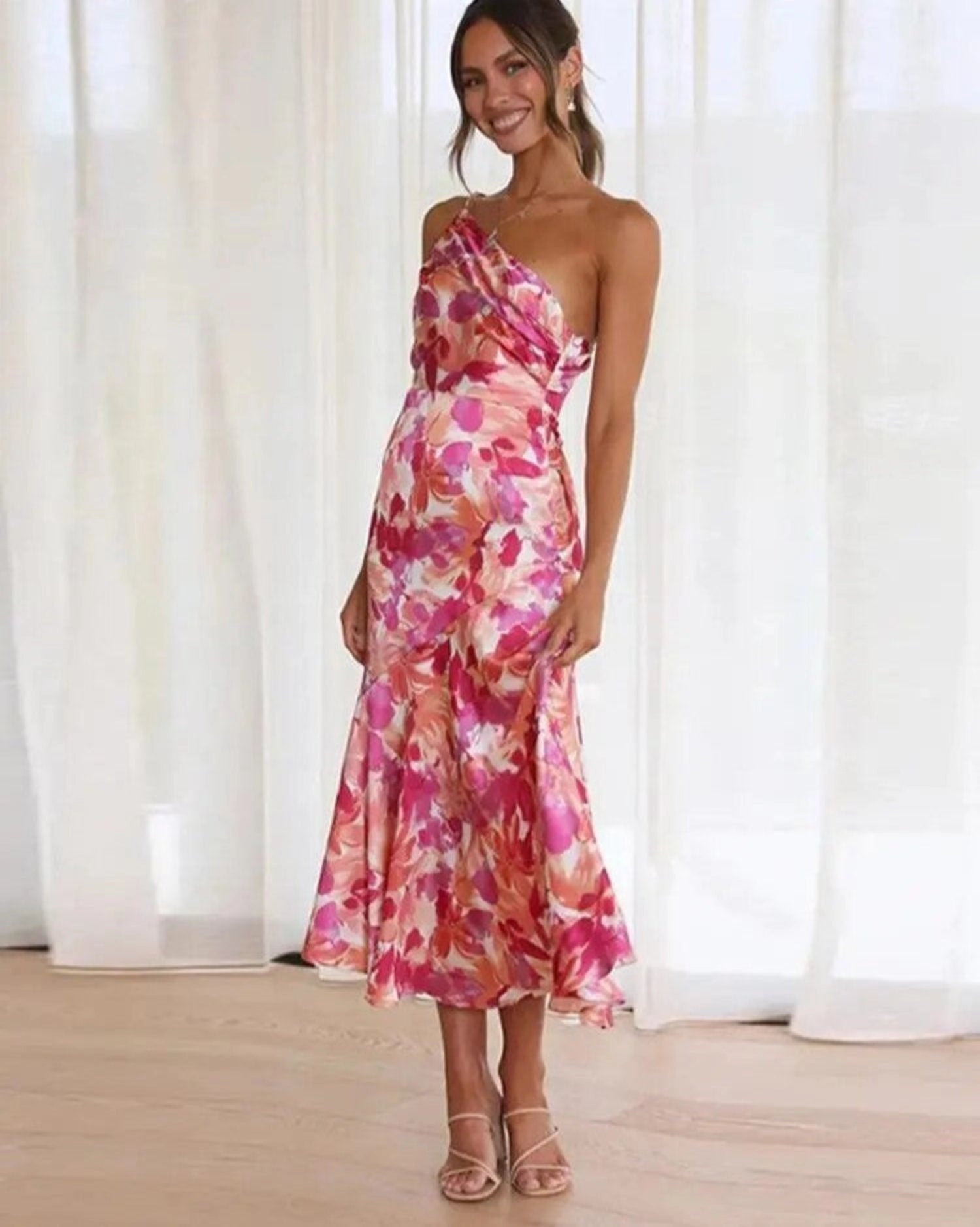 Elegant Collection | Floral Midi Dress with Asymmetric Design | Flattering Silhouette for Effortless Charm 1