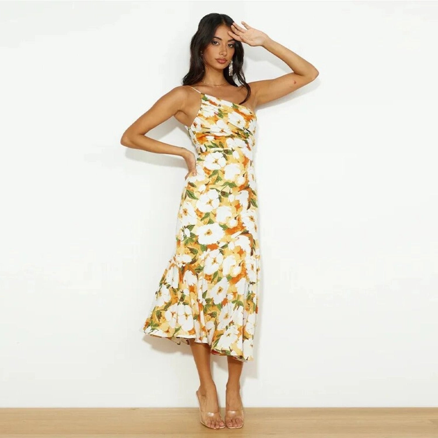 Elegant Collection | Floral Midi Dress with Asymmetric Design | Flattering Silhouette for Effortless Charm 6