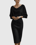 Elegant Collection | White Midi Dress with Draped Batwing Sleeves | Flattering Fit for Effortless Style 0